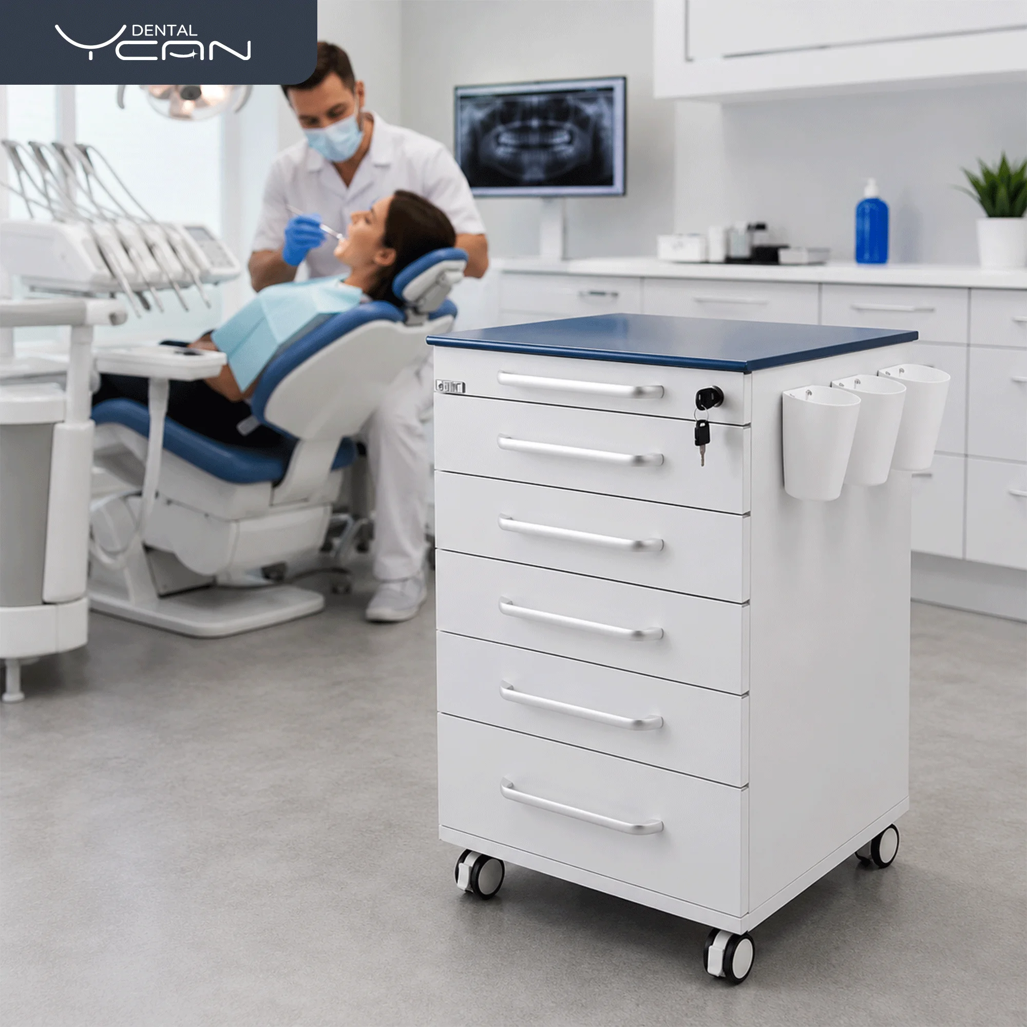 Professional Dental Cabinet with Blue ABS Top Stainless Steel Mobile Clinic Trolley Side Hanging Cups Automatic Back Drawers