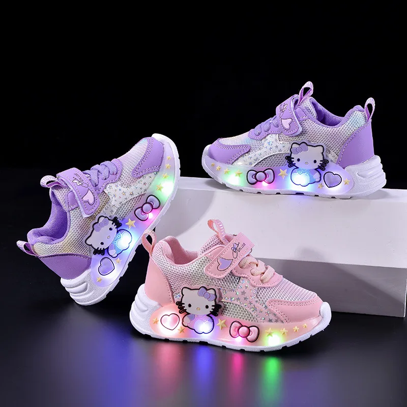 

Hello Kitty Kids'casual Shoes Girls Led Light Cartoon Pu Leather Spring Fashion Flat Bottom Shoes Breathable Outdoors Size 21-30