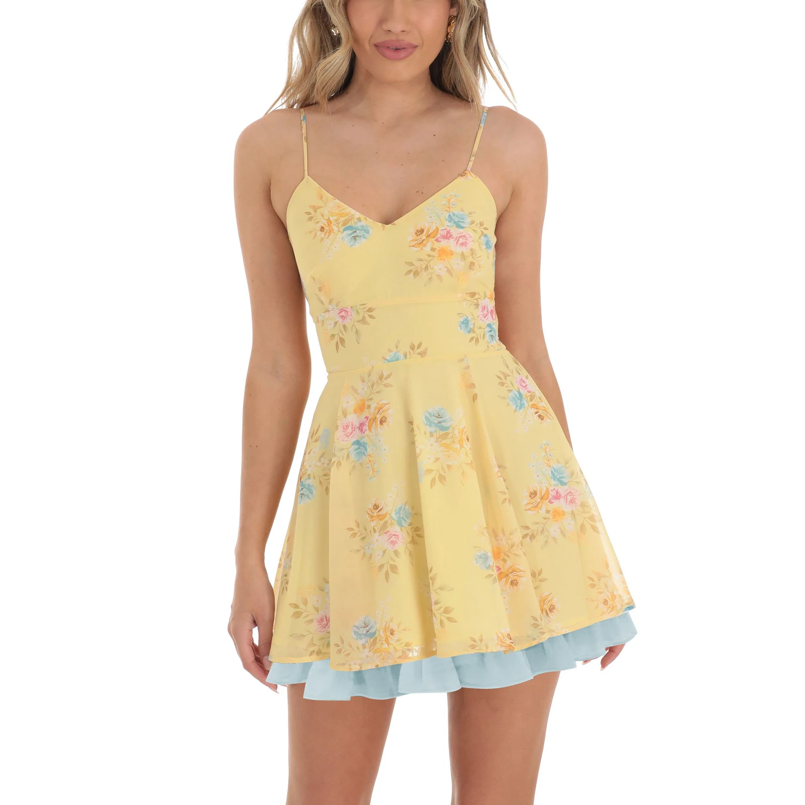 Vestido sem encosto com decote em v estampado floral feminino, mini vestido em camadas, babados bainha, vestido de festa na praia, moda casual verão