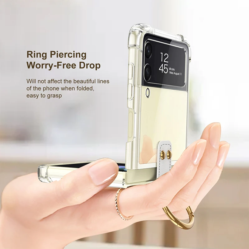 For Samsung Galaxy Z Flip 5 4 3 Case Ring Bracket Folding Anti-Fall Colored Transparent Four Corners Shockproof Back Hard Cover
