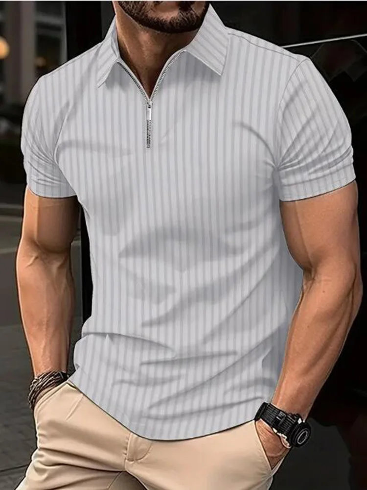 Summer Men Stripe Fashion Short Sleeve Lightweight Business Casual Polo Shirt Half Zip Solid Elastic Office Short Sleeve T-shirt image 5