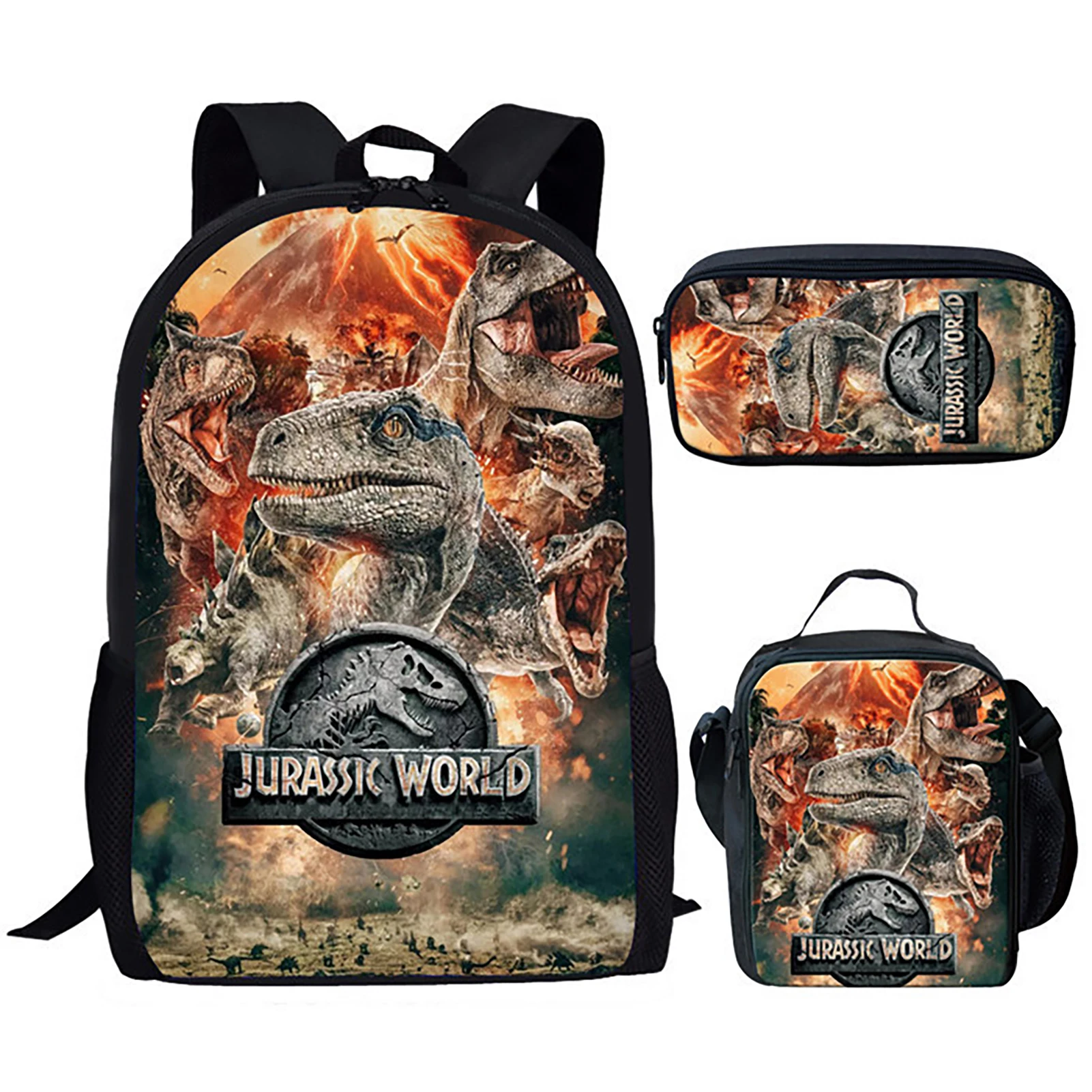 3pcs Classical Basic Backpack Jurassic World Pen Organizer Lunch Bag for Bottles Pencils A4 Textbooks Lunch Box