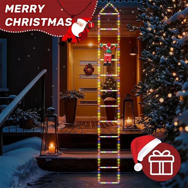 LED Christmas Decor Lights Ladder Light String with Santa Climbing Claus Xmas Hanging Ornaments for Party with 8 Lighting Modes