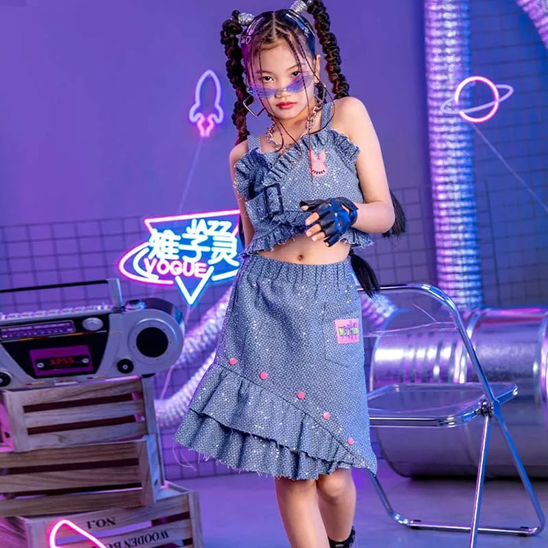 Girls Skirt Crop Tops Jazz Dance Suit Hip Hop Performance Wear Kpop Stage Outfit Children Fashion Dancer Costume Summer AMY462