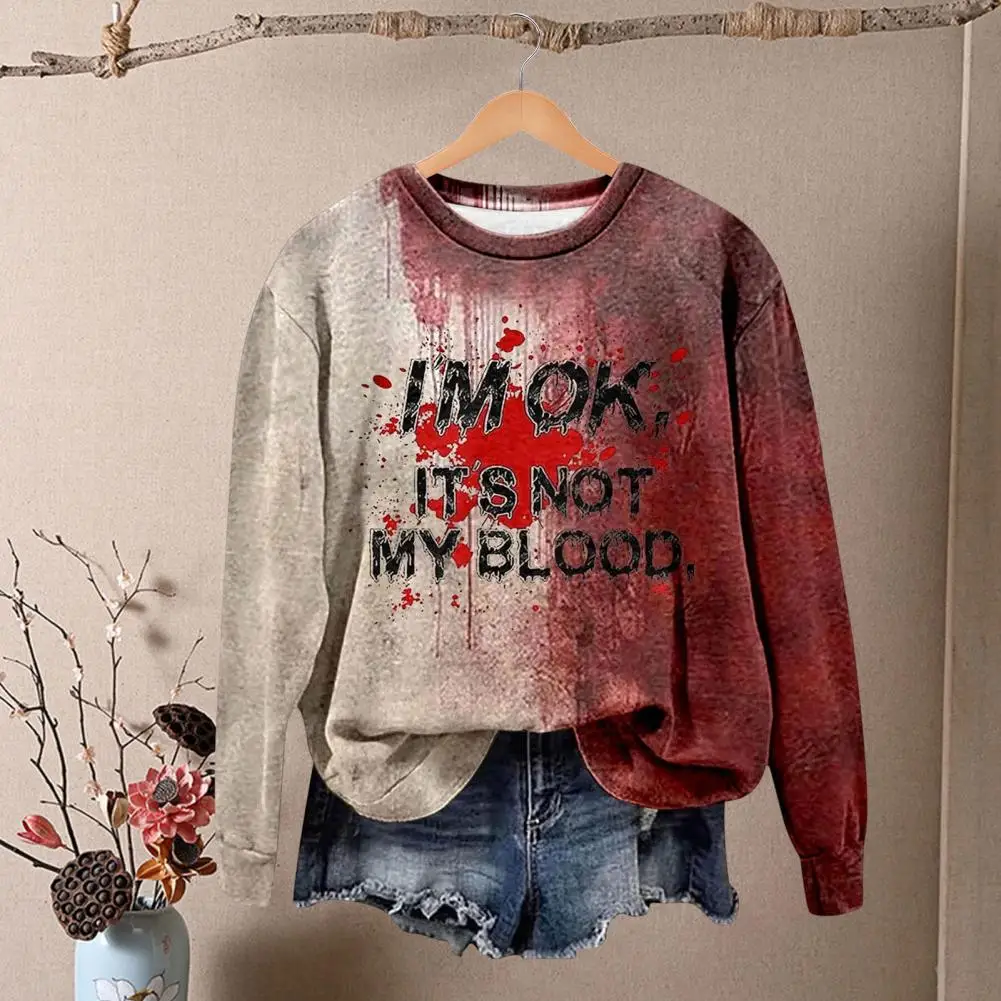 Women Jumper Women's Halloween Bloodstain Print Sweatshirt Haunted House Cosplay Top with 3d Design Round Neck Long for Spooky