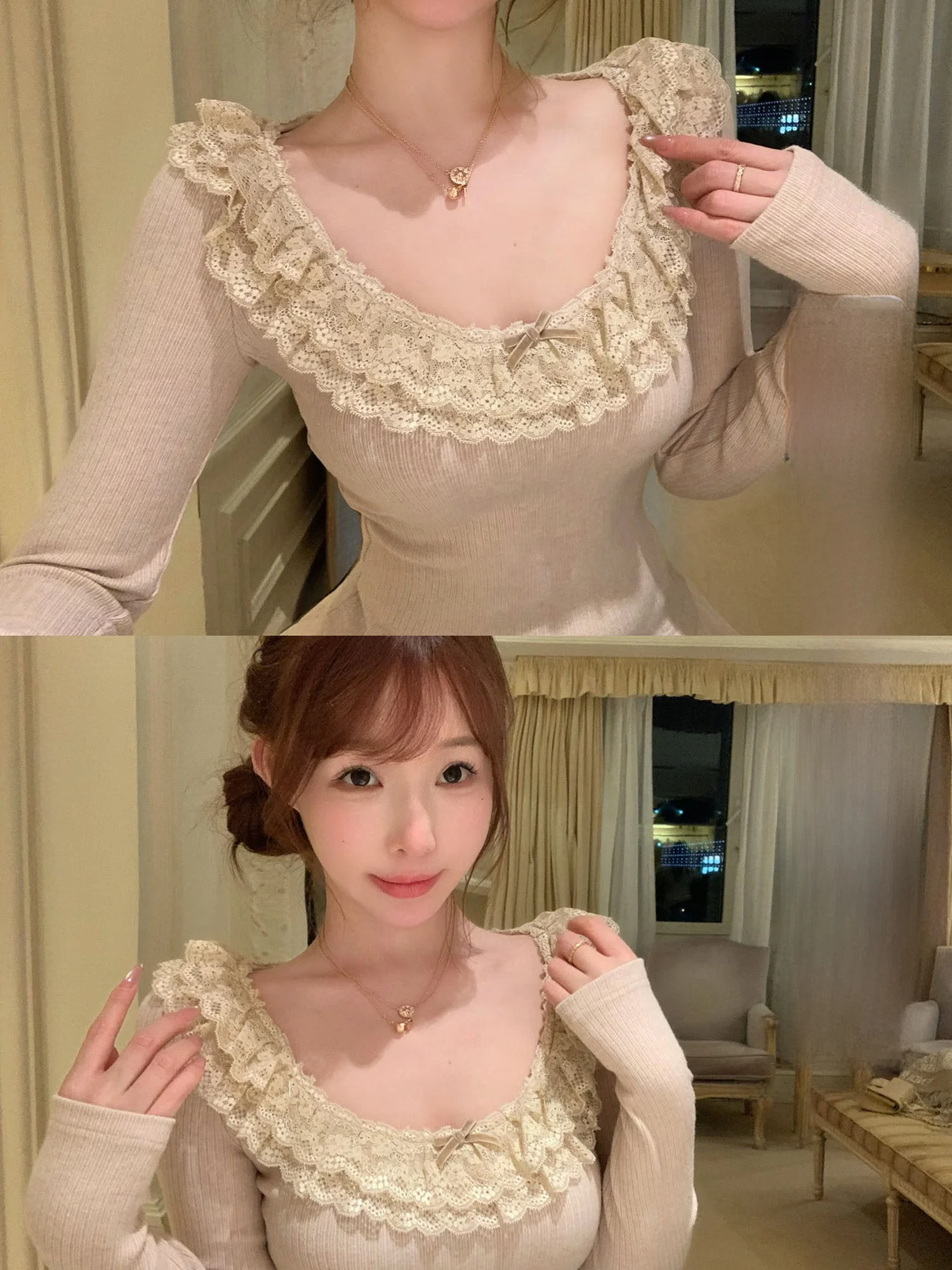 

Женская трикотажная футболка Lukira с кружевной отделкой, облегающая, для ношения под одеждой, осенне-зимняя, с круглым вырезом, с длинным рукавом