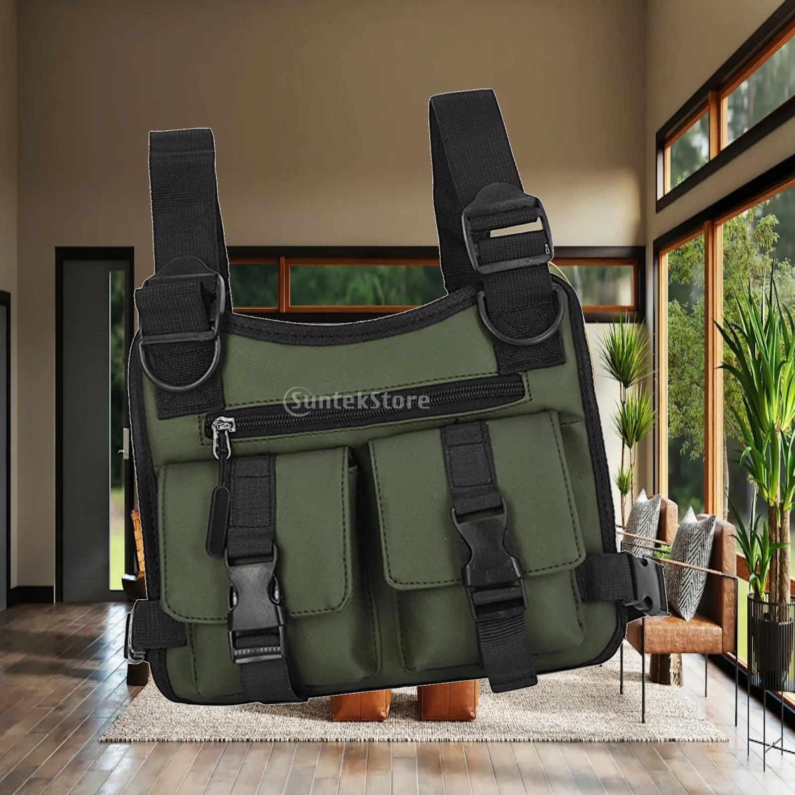 Chest Bag Pouch Adjustable Oxford Cloth Hip Hop Streetwear Lightweight Pockets Vest for Men Women Exercise Sports Workout Hiking
