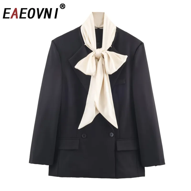 EAEOVNI وشاح طوق المرأة البدلة السترة موضة التباين اللون كم طويل زر مزدوج ملابس خارجية سترة معطف 2026 جديد