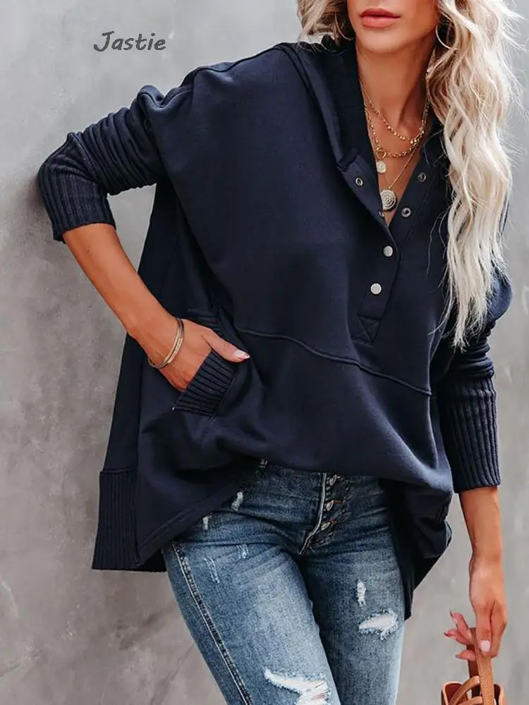 Women\'s Patchwork Pullover Tops Pockets Button V Neck Solid Hoodies Long Sleeve Female Casual Sweatshirts Fashion Ladies Clothes