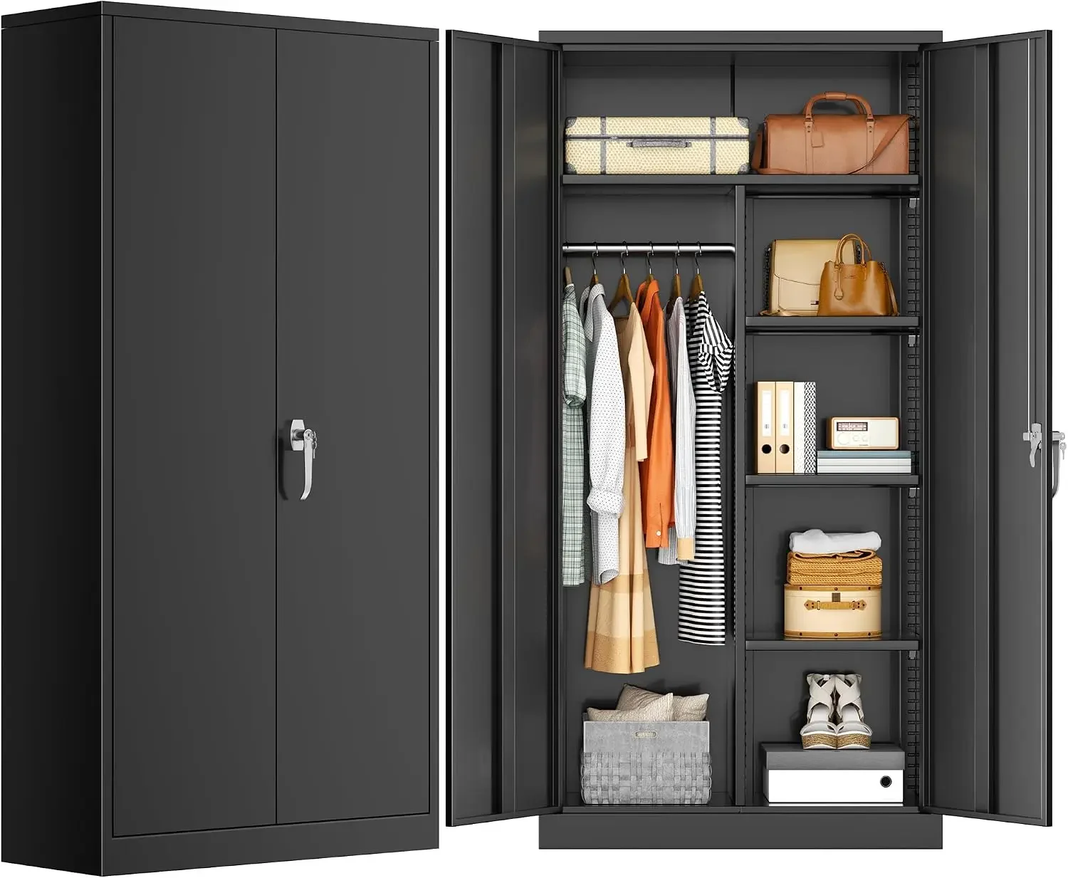 Locking Metal Wardrobe Cabinet with Hanging Rod and 4 Adjustable Shelves, 72 Inch Tall Clothing Storage Armoire for Office School or Government Use