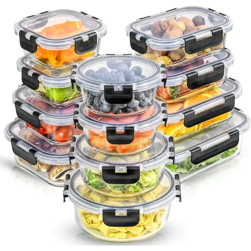 24pc(12 Airtight, Freezer Safe Food Storage Containers and 12 Lids), Pantry Kitchen Storage Containers, Glass Meal Prep