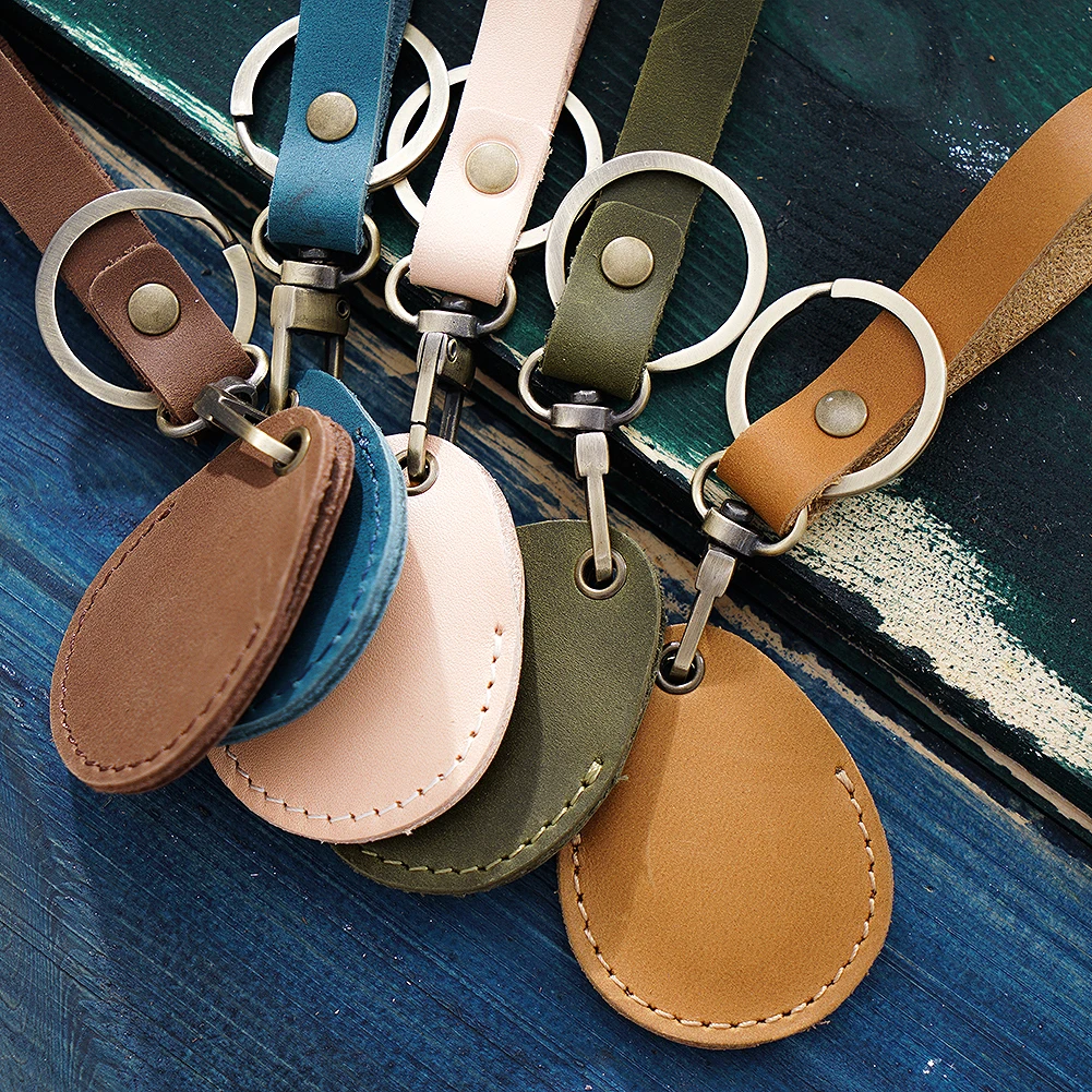 Genuine Leather RFID Keychain Card Holder - Waterdrop IC Accessory Case with Keyring