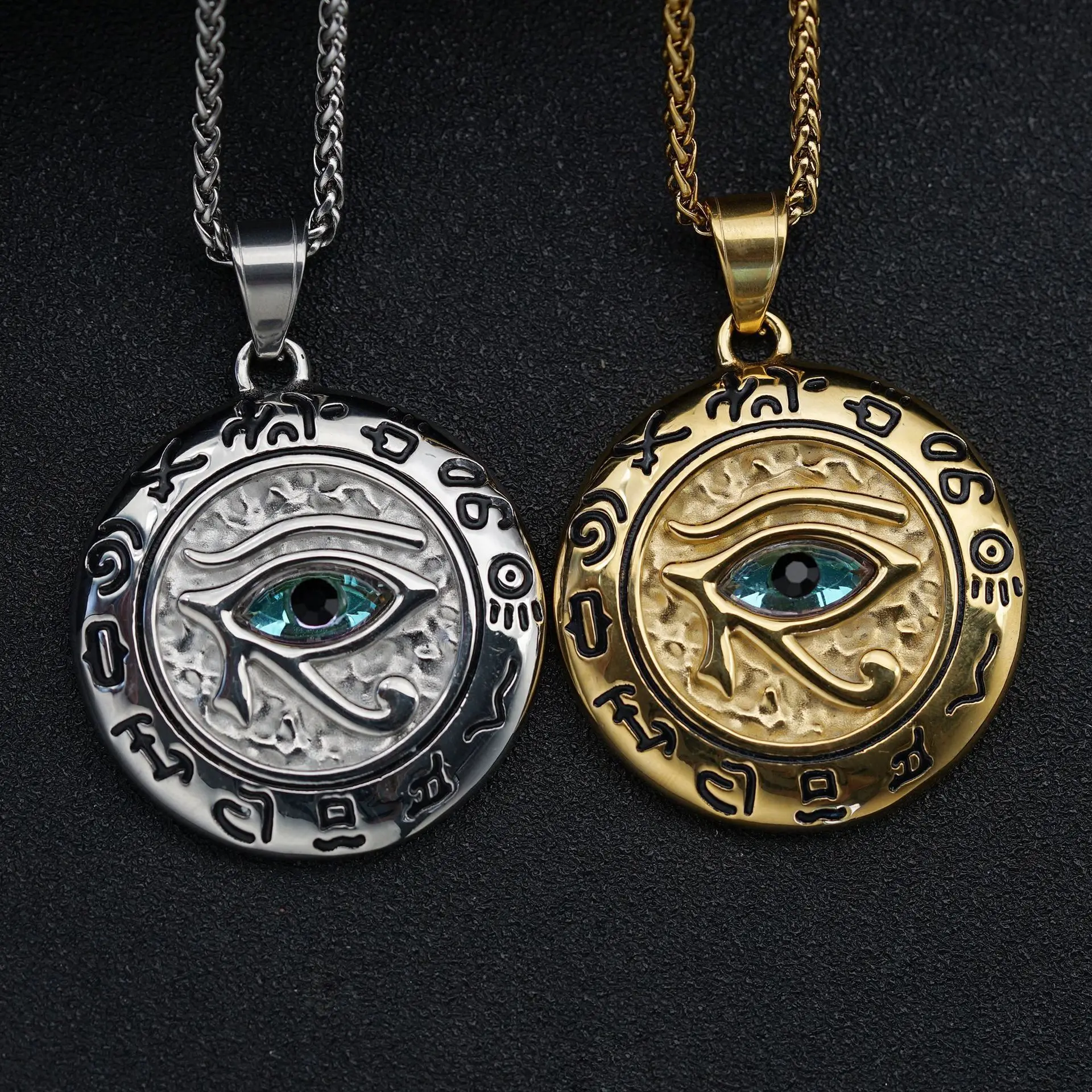 

Vintage Egypt Eye of Horus Blue Gems Engraved Pendant Cameo Myth Portrait Profile Necklace Unisex Evil Eye Waterproof Jewelry