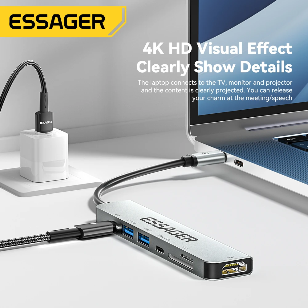 Essager 7 In 1 USB Type C Hub PD60W Fast Charging Splitter Laptop HDMI High Speed Splitter 5Gbps for PC USB 3.2 Gen1 2.0 Ports