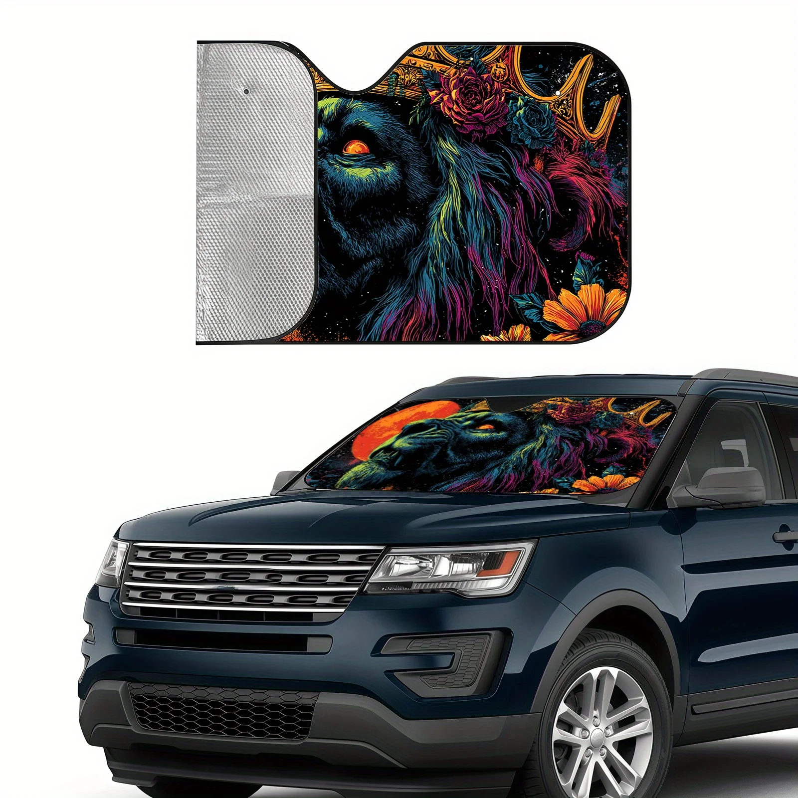 The Majestic Lion King Car Front Windshield Decoration Features A Golden Crown And Floral Accents, Comes With A Secure Suction C