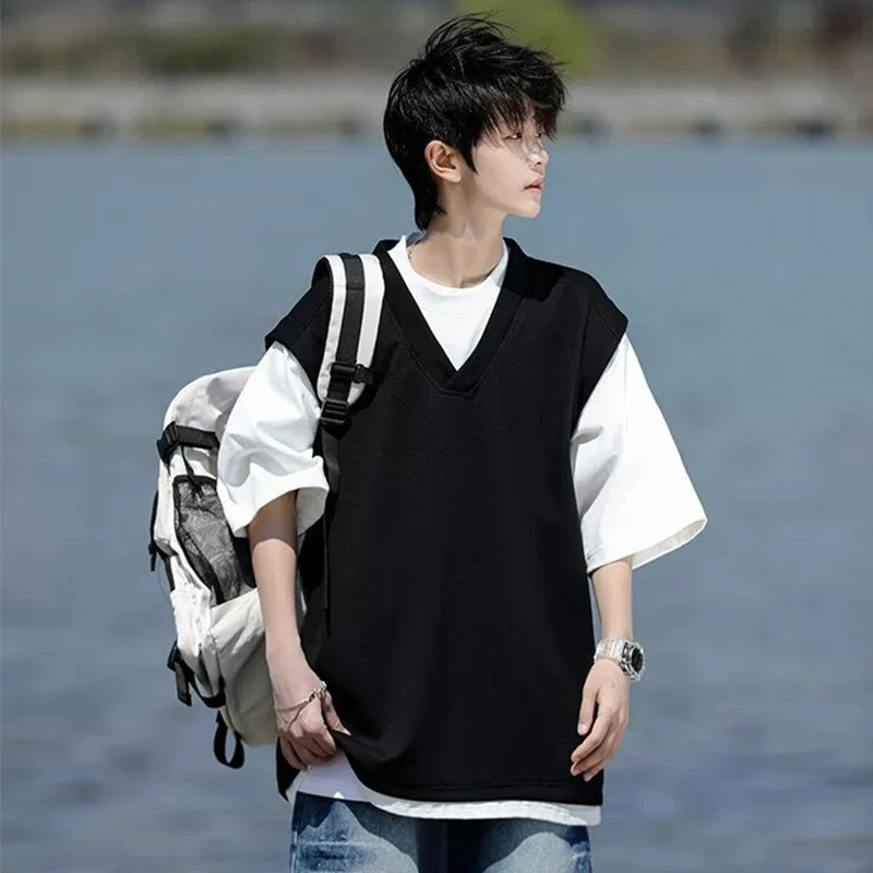 

Summer Fake Two Piece Men O Neck Short Sleeve T Shirts Japan Style Casual Fashion All-match 2xl Oversized Clothing Black Khaki