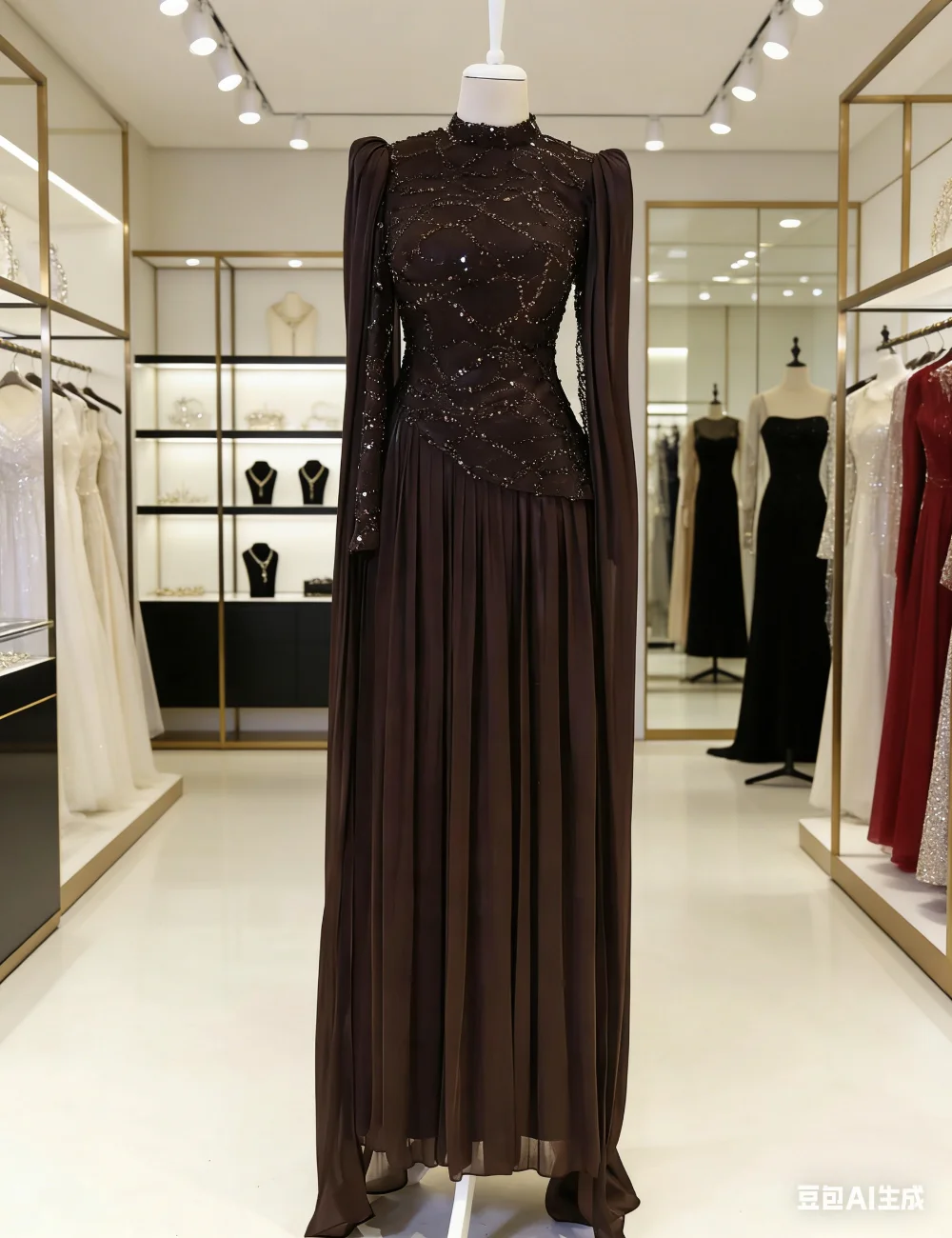 

Customized Brown Intricate Sparkle Chiffon Pleat Ruched Beading Sequined A-line High Collar Long Dresses Evening Dresses Retro