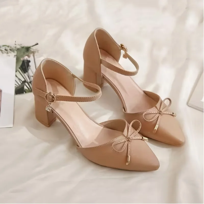 Women's High Heel Sandals Pointed Toe Pumps Bowknot Decoration Chunky Heel Dress Shoes for Office Ladies Party Wedding view 4