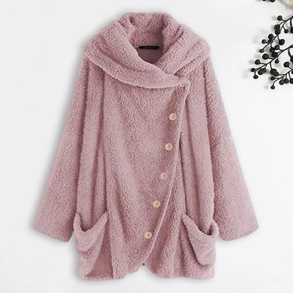 Women Winter Coat Slant Button Closure Doube-sided Fleece Pure Color Loose Long Sleeve Hooded Jacket Homewear Outdoor Outerwear