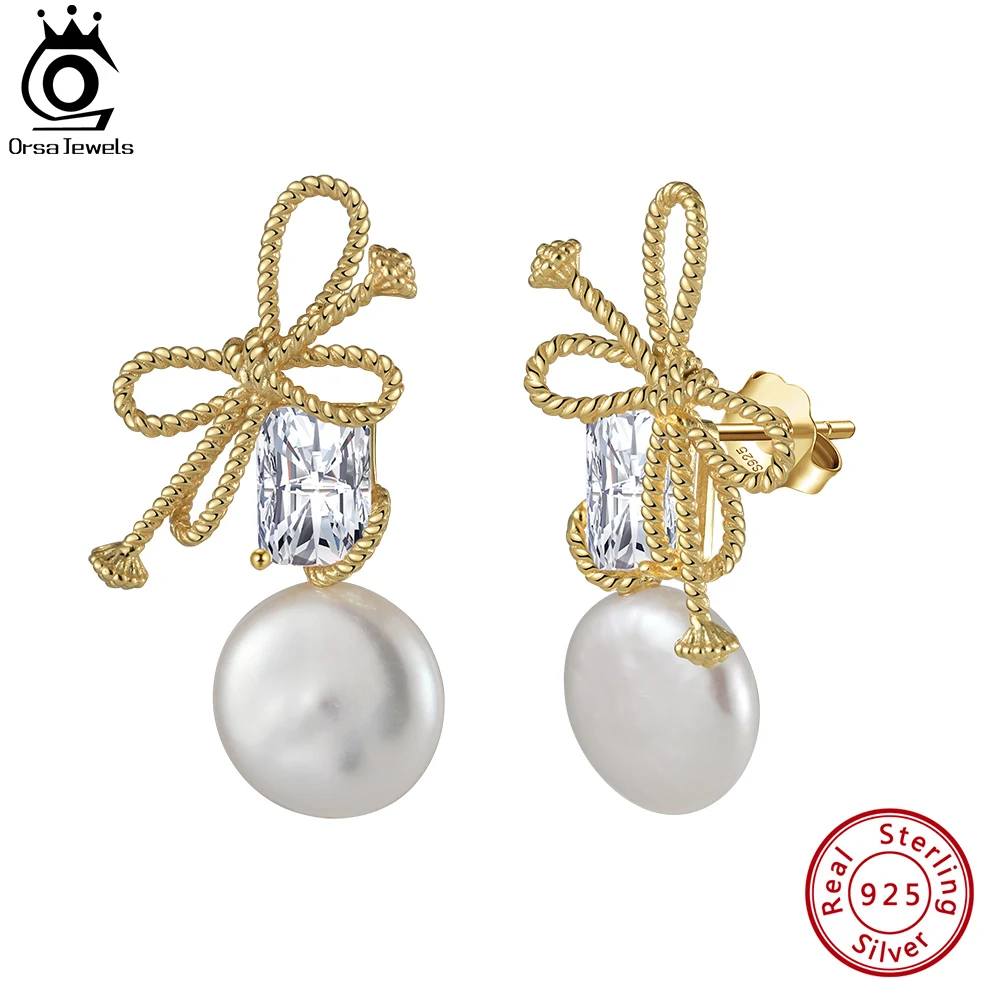 

ORSA JEWELS Vintage 925 Sterling Silver Bow Knot Earrings with Handpicked Natural Baroque Pearl for Women Ear Drop Jewelry GPE84