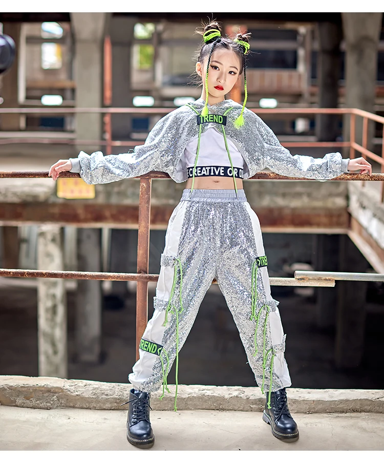 

NewJ azz Sliver Sequin Costumes For Children Girls Modern Dance Hip Hop Clothing Hiphop Drum Dance Performance Stage Costumes