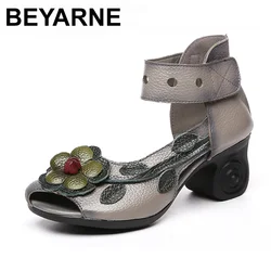 BEYARNE   Beauty  Summer Genuine Leather Folk Wind Thick Sandals Flower Fish Mouth Handmade High Heel Female Shoes