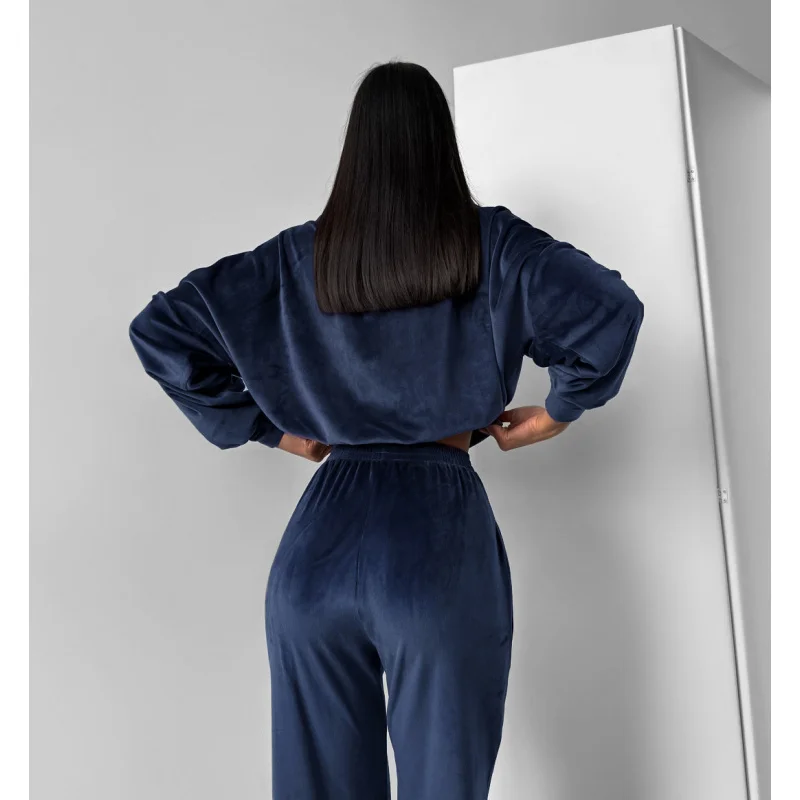 Autumn Winter Tracksuit Fashionable Sporty Navy Blue Small Stand Collar Two-Piece Sport Pants Set For Street Casual Women'S Wear