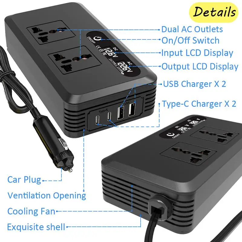 200W 12V To 220V For EU Sockets Car Inverter Cigarette Lighter Plug USB C Port Vehicles Converter Fast Charging Power Adapter