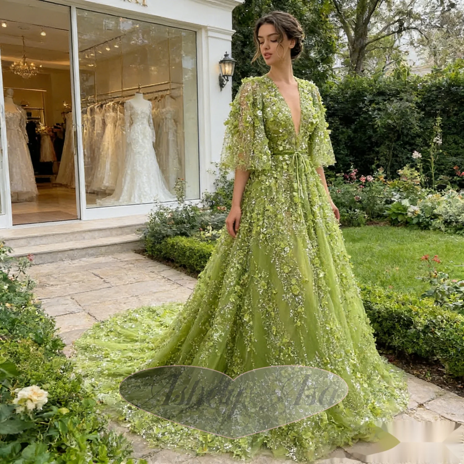 

Customized Sage Green Luxury Prom Dresses 2026 V Neck Short Sleeve A Line Long Crystal Flower Women Evening Formal Dress Party