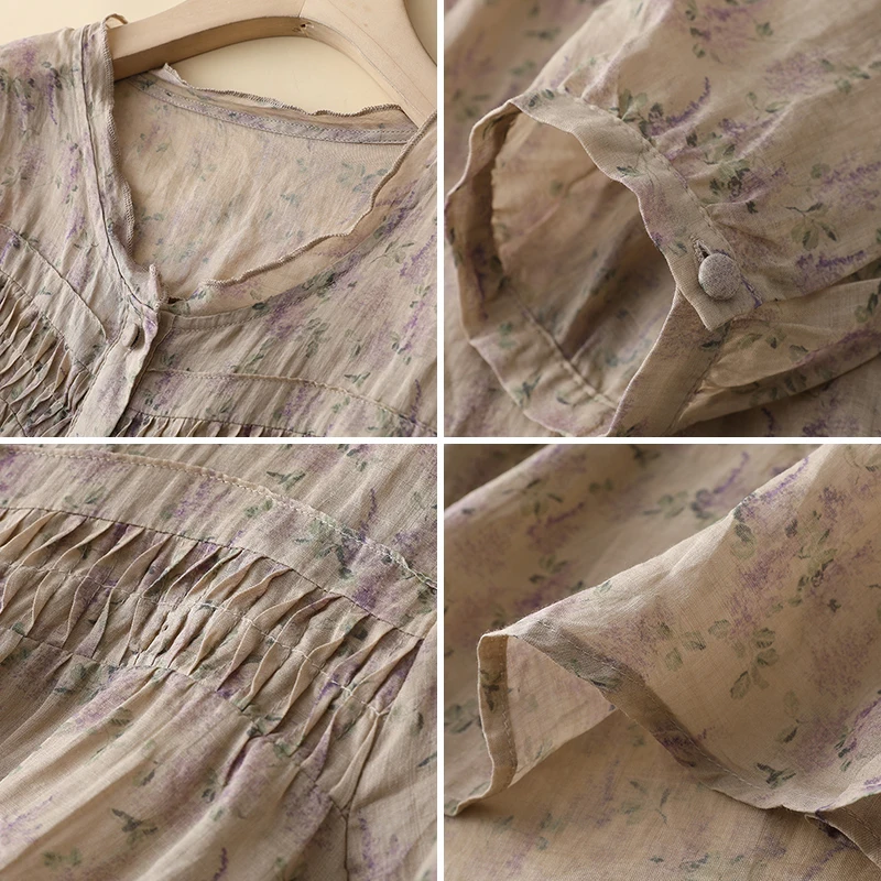 Ele Floral Cotton Linen irt Damen Faionable Summer Top Age-Defng irt Japanischer Sle Vintage Print Loose Fit