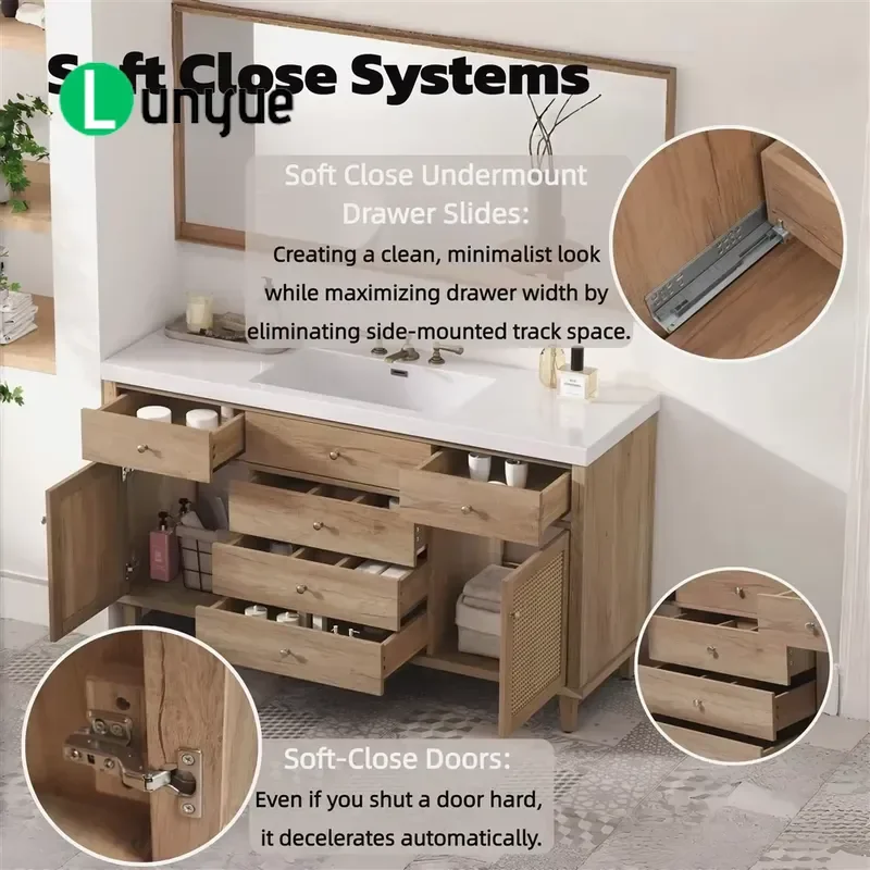 60 Inch Bathroom Vanity with SMC Sink Modern Large Storage Cabinet Soft Close Drawers Rattan Doors for Home Bathroom
