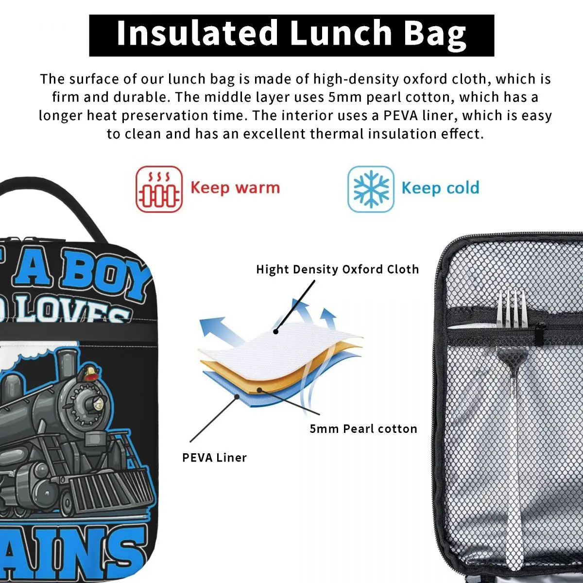 Just A Boy Who Loves Trains Funny Boys Trains Insulated Lunch Bag for Women Children Portable Food Boxes Thermal Lunch Box Tote