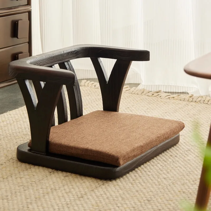 Handcrafted Solid Wood Tatami Chair with Backrest Low Japanese Style Balcony Lounge Seat Bay Window