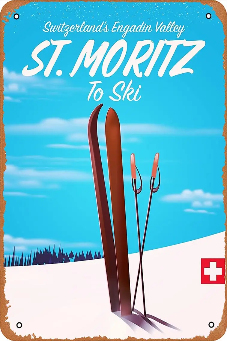 St. Moritz Switzerland ski Poster Poster Metal Tin Sign 8X12 Inches Man Cave Retro Vintage Wall Decor Art