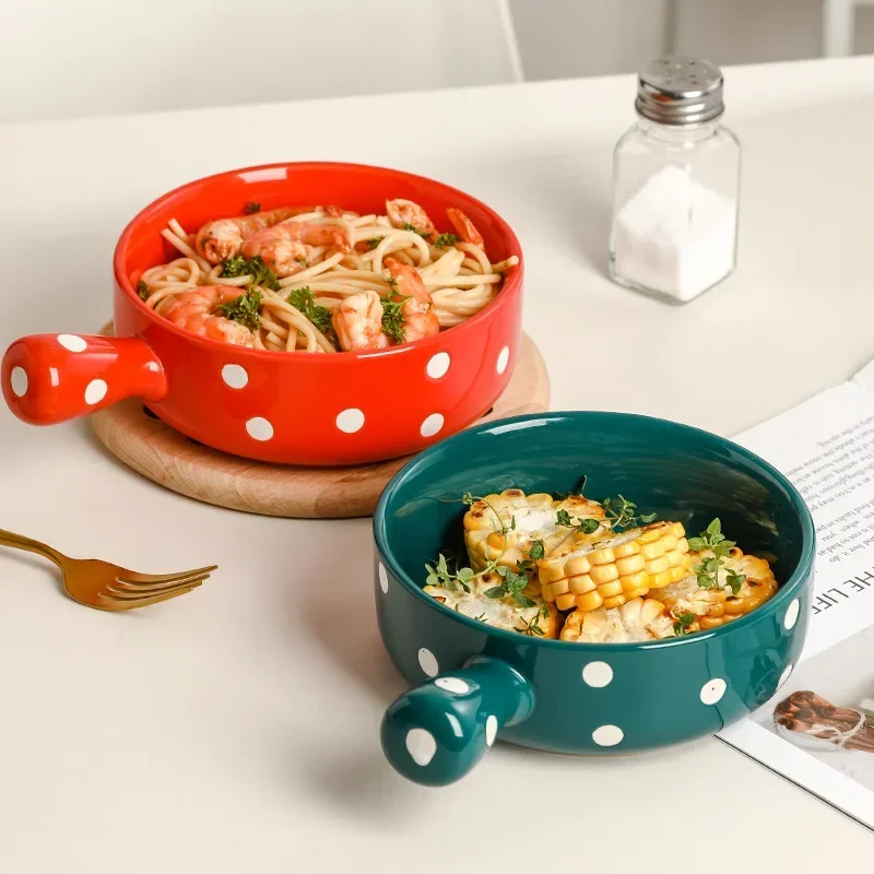 Nordic Creative Salad Bowl with Handle Ceramic Baking Plate Household Baking Bowl Baking Instant Noodles Breakfast Tableware Hot