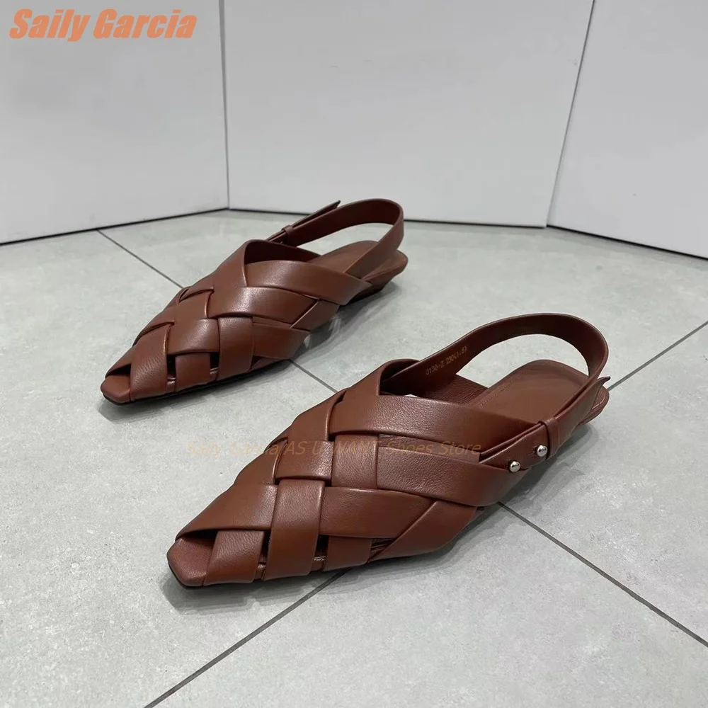 Flat Knit Sandals Pointed Toe Women Shoes Fashion Black Brown Commuting Roman Summer Back Strap Matte Leather Solid Concise