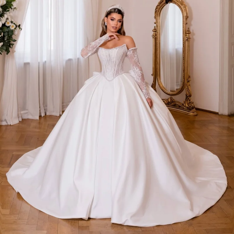 White Appliques Lace Wedding Dresses of Off-Shoulder Decal A-Line Pearl Decal Bow off-shoulder Bridal Gowns Made Customized
