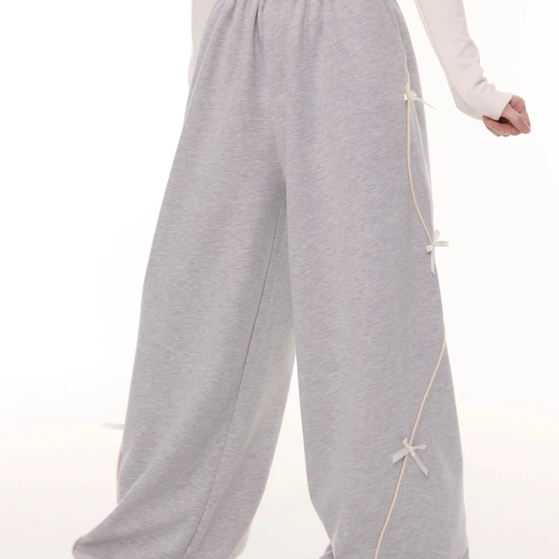 Autumn Design High-Waisted Slimming Bow Women's Long Pants American Retro Gray Loose Versatile Casual Wide-Leg Trousers Ladies