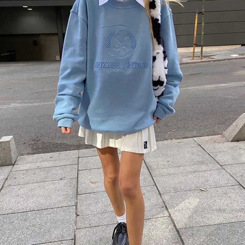 Women Autumn Spring Sweatshirts Long Sleeve Streetwear Ladies Fahsion Embroidery Oversize O-Neck Vintage Blue Hoodies Crewneck