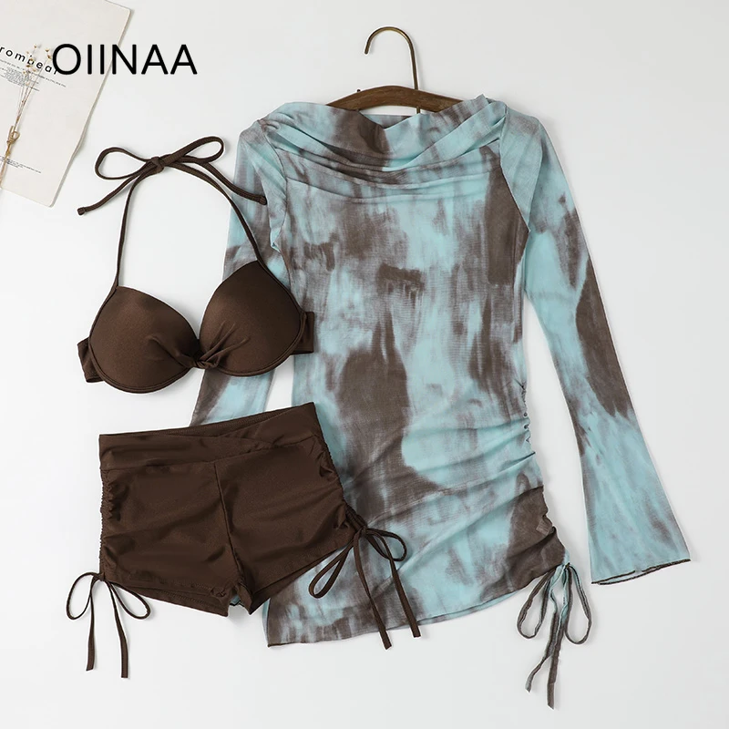

OIINAA Sexy Swimwear Women Neck-mounted Bikini Set Hot Spring Swimwear Print Tie Dye Cover-Ups Summer 2025 New Korean Beachwear