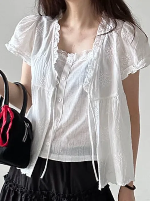 

Sweet Embroidered Floral Patchwork Fake Two-Piece irt Women's Summer New Sle Elely Tied Open Cardigan Top
