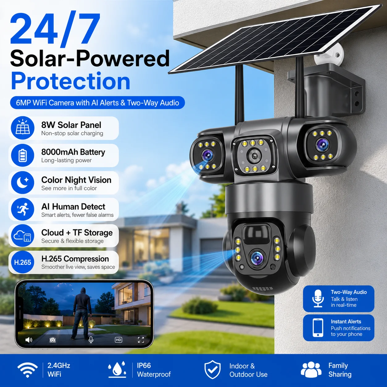 Solar Security Camera 5MP 3-Lens PTZ WiFi Outdoor HD Dual-Light H.265 Two-way Voice Communication AI PIR Tracking 8W Solar Panel