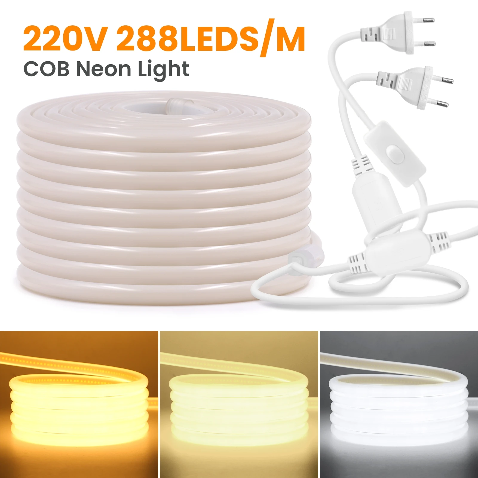 270° Glowing COB Led Strip With EU Switch Power Plug 220V IP67 Waterproof Flexible Ribbon Tape For Bedroom Outdoor Garden Lamp