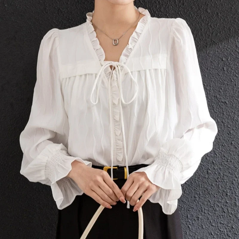 

Spring Autumn White Long Flare Sleeve Women's Blouse 2025 New Ruffles V-neck Elegant Korean Casual Loose Shirts Tops Female