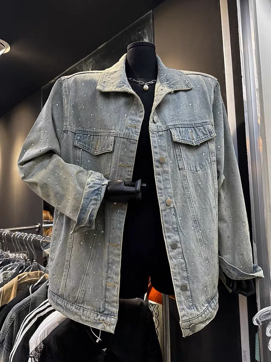 

2023 New Autumn Women Oversize Denim Jacket Mid-long Loose Long Sleeve Outwear Shiny Hot Drilling Streetwear Jeans Coat Casual