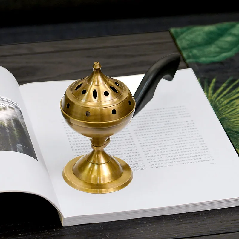 Brass Censer Solid Wood Handle Handheld Incense Holders Ornaments Copper Art Burners Home Neo-classical Tea Room Decor