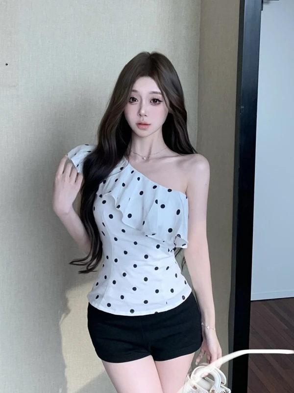 Ele ポルカドット アシンメトリー ショルダーストラップ ベスト レディース 夏 アウター ユニーク 美しい ウエストシェイプ オフショルダー イルト