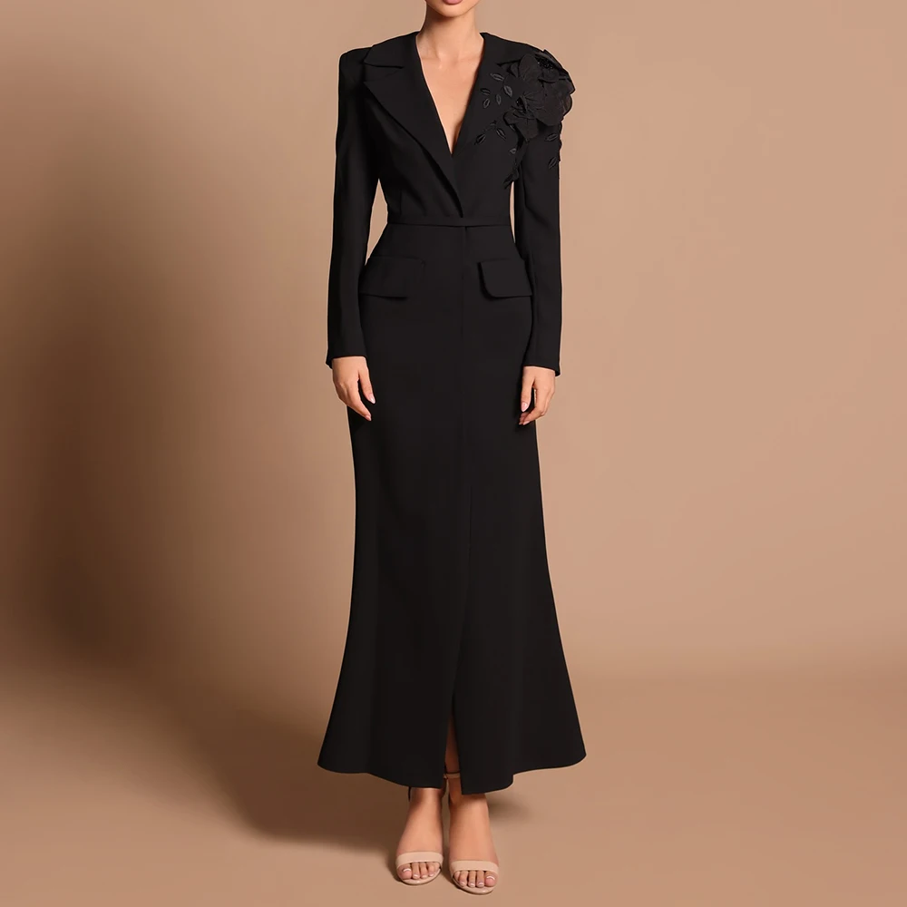 

Customized A-line Evening Dresses Ankle-length V-neck Full Sleeve Prom Gown Fashion Flwoers Pockets Simple Draped Party Gown