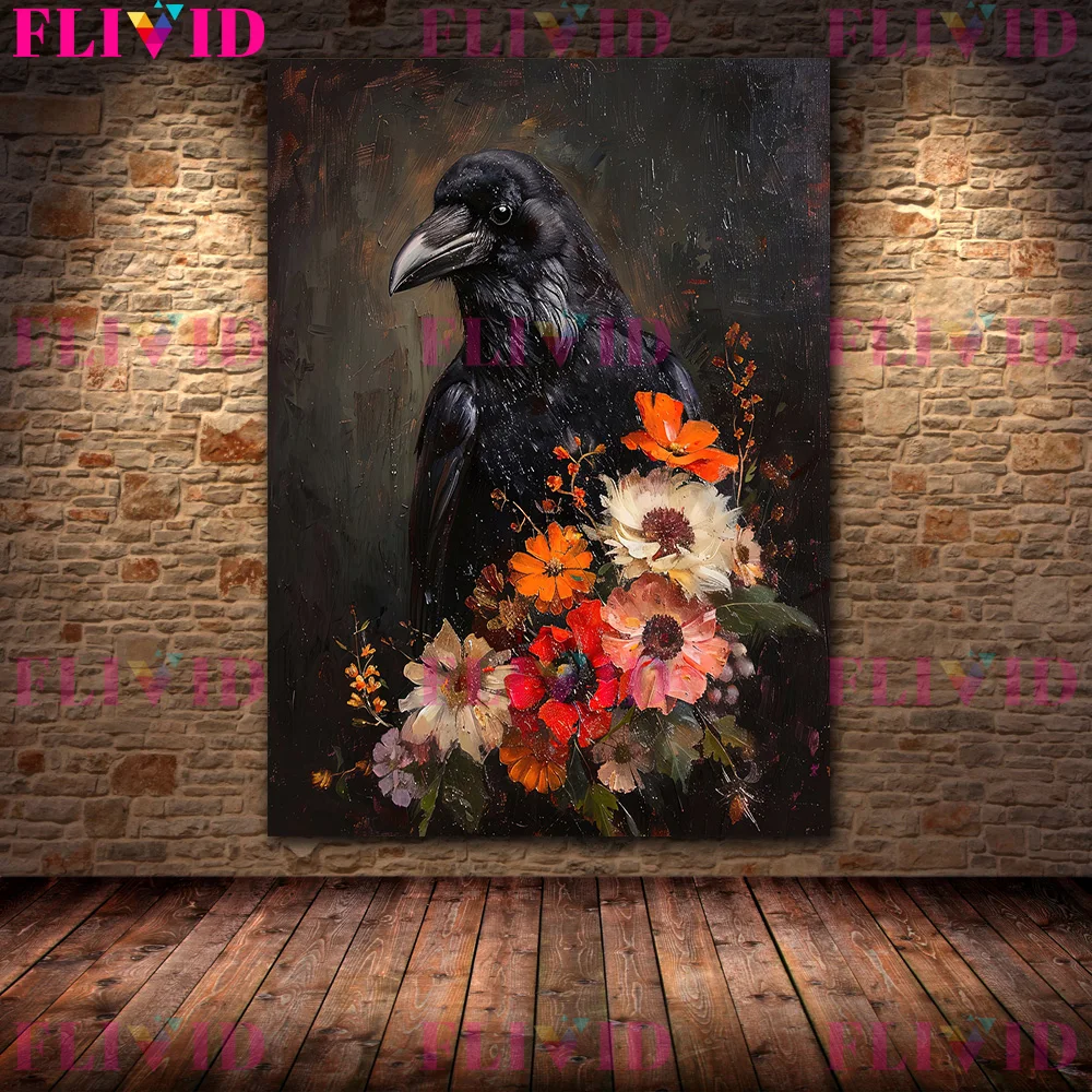 Dark Moody Floral Bat And Crow Oil Painting Print,Bold Botanical Flower And Magic Creature Wall Art Print,Whimsigoth Poster