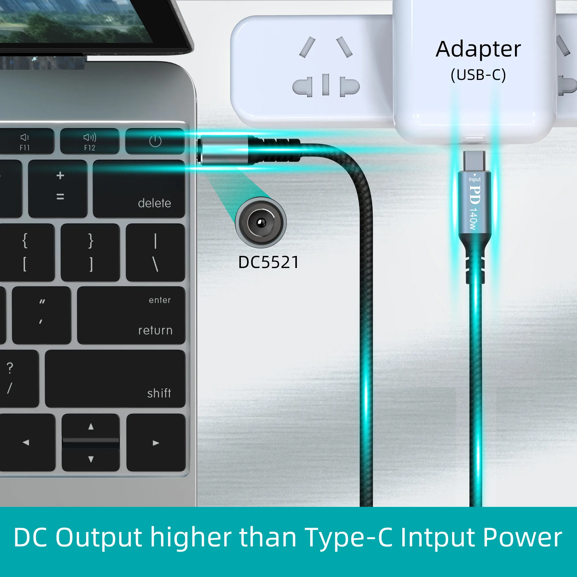 USB C to DC 5.5 mm x 2.1 mm power cord for laptops (5521), aluminum alloy USB Type C male input DC 5.5 x 2.1 mm male power cord